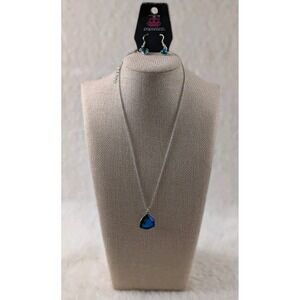 Paparazzi Teal Blue Crystal Necklace Earrings Set Silver Tone New Card